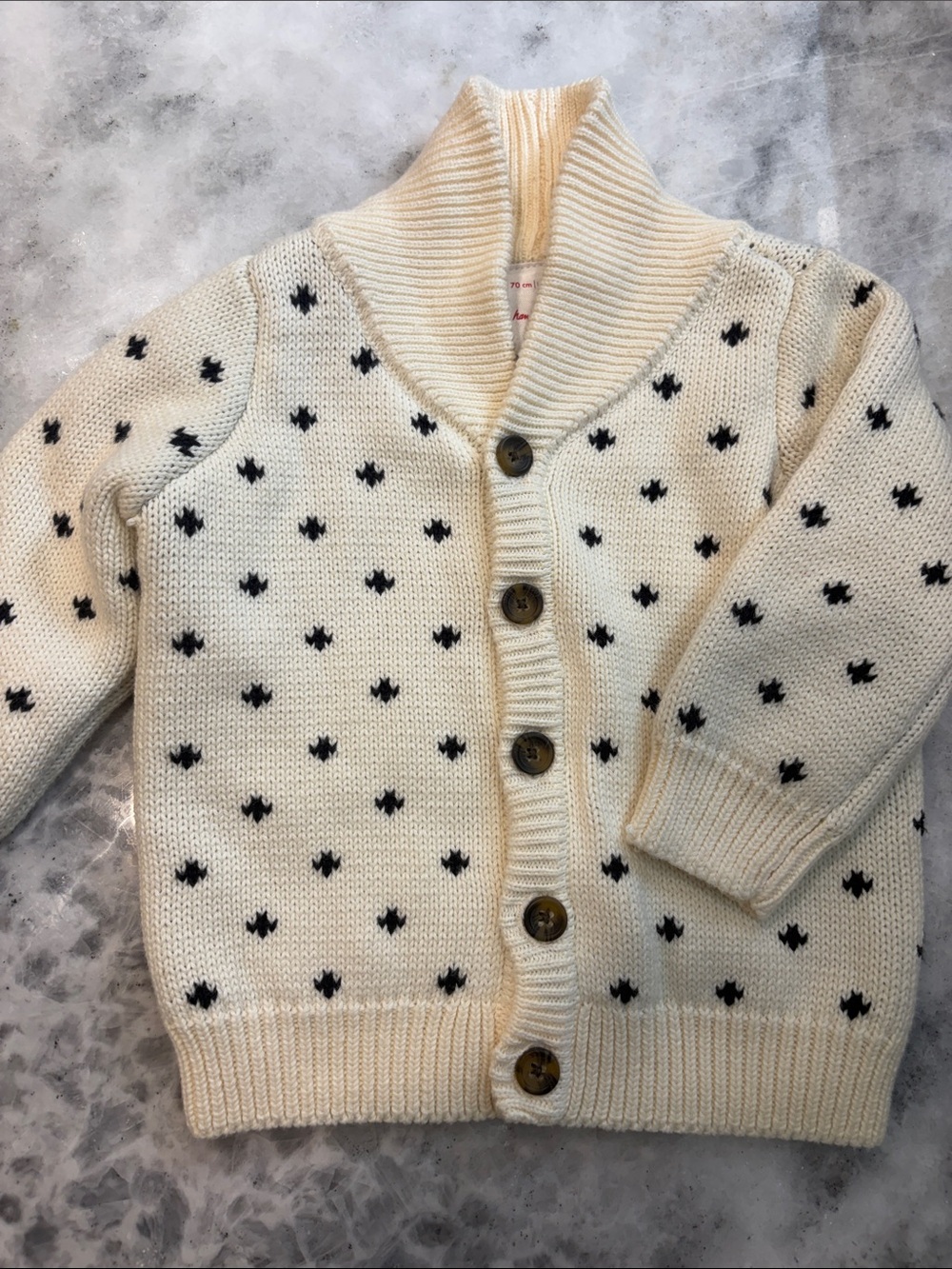 Hanna Andersson Cream Knit Shawl Collar Cardigan with Black Dot Pattern